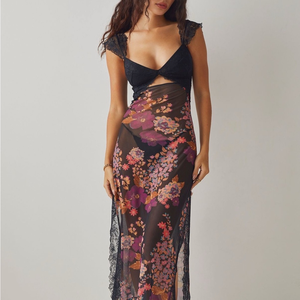 Free People Black Floral Backless Sheer Maxi Dress